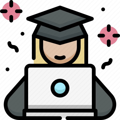 Online learning, education, school, girl graduation online, student, graduate, laptop icon - Download on Iconfinder