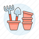 equipment, garden, gardening, nature, plant, pots, rake, shovel, tools