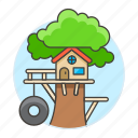 building, fort, house, nature, platform, tree, treeshed, trunk, wheel