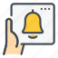 bell, alarm, notification, hand, hold, tablet, online 