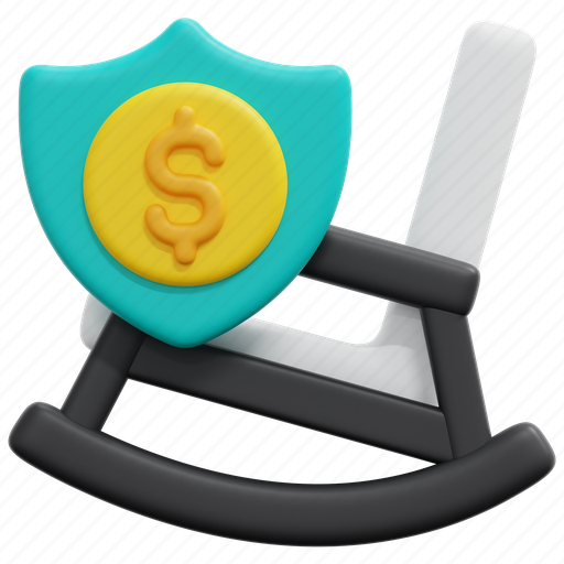 Retirement, chair, pension, rocking, retired, shield, money 3D illustration - Download on Iconfinder