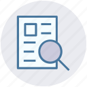 analysis, file, magnifier, page, search, search page