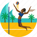 ball, beach, female team, olympic sports, palm trees, player, volleyball icon