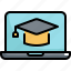 cap, education, graduate, hat, laptop, learning, online 