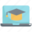 cap, education, graduate, graduation, hat, learning, online 