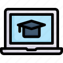 e-learning, education, learning, mortarboard on laptop, online, student, study