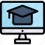 e-learning, education, learning, mortarboard on monitor, online, student, study 