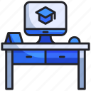 desk, graduation, learning, office, online, workplace