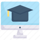 e-learning, education, learning, mortarboard on monitor, online, student, study