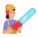 chainsaw, saw, lumberjack, tool, woman, construction, architecture, worker, engineering