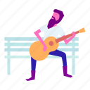 acoustic, bench, guitar, guitarist, man, music, musician