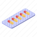 blister, capsule, cartoon, isometric, medical, red, yellow