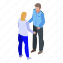 car, cartoon, discussion, isometric, person, policeman, woman