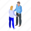 car, cartoon, discussion, isometric, person, policeman, woman 