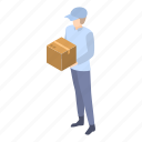 box, business, cartoon, delivery, hand, isometric, mailman