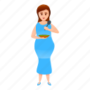 adult, eat, girl, plate, pregnant, stand 