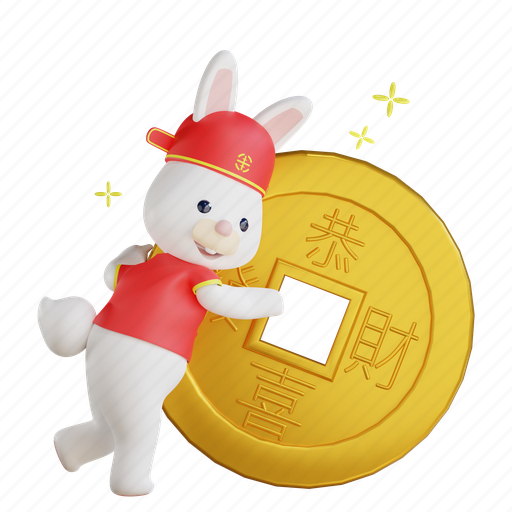 Rabbit, chinese new year, chinese gold, chinese coin, bunny, 3d rabbit 3D illustration - Download on Iconfinder