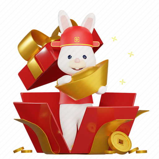 Rabbit, chinese new year, chinese gold, bunny, suprise box, chinese coin, 3d rabbit 3D illustration - Download on Iconfinder