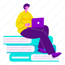 self-learning, book, sit, books, laptop, sitting on a pile of books, e-learning, course, education 