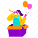 party blower, giving surprise, balloons, noisemaker, girl, party, celebration, 90s, fashion