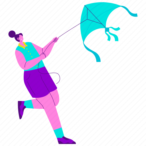 Playing kite, play, girl, flying, toy, summer, summertime illustration - Download on Iconfinder