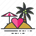 heart, honeymoon, island, love, parasol, relationship, tree 