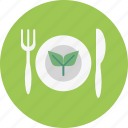 food, fork, knife, leaf, plant, plate, restaurant