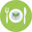 food, fork, knife, leaf, plant, plate, restaurant 
