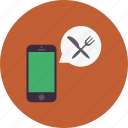 eat, food, fork, knife, phone, restaurant, talk