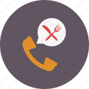 call, eat, fork, knife, phone, restaurant, talk