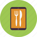 device, eat, fork, gadget, knife, restaurant, tablet