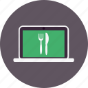 computer, food, fork, knife, laptop, restaurant, technology