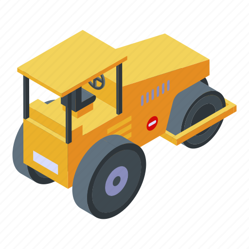 Cartoon, construction, isometric, metal, roller, steamroller, yellow icon - Download on Iconfinder