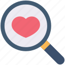 find, heart, magnifier, romance, scan, search 