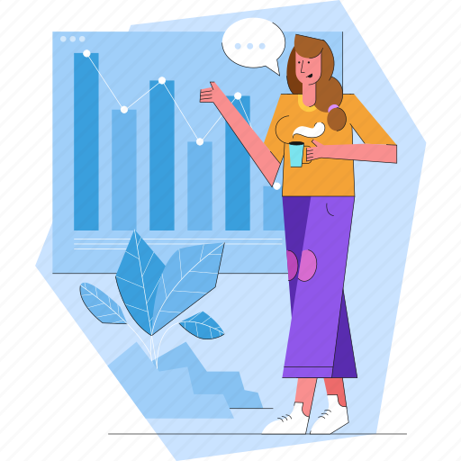 Woman, conversation, speech, graph, chart, analytics illustration - Download on Iconfinder