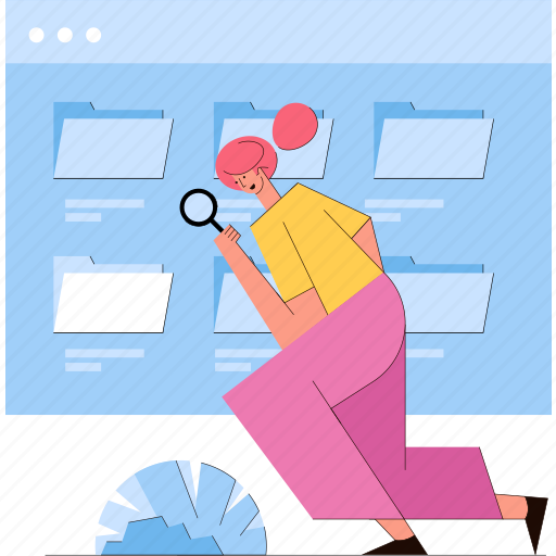Search, files, folder, woman, scan illustration - Download on Iconfinder