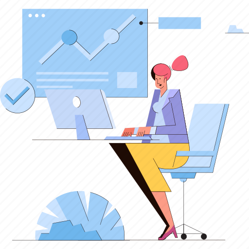 Woman, workspace, graph, chart, office illustration - Download on Iconfinder
