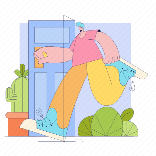 Man, door, home, house, plant illustration - Download on Iconfinder