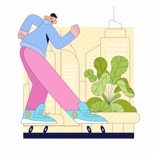 Woman, skating, skate, plant, city illustration - Download on Iconfinder