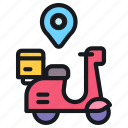 scooter, motorcycle, motorbike, map, pin, location, delivery, box, package