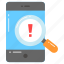 mobile, alert, notification, magnifier, caution, warning, search 