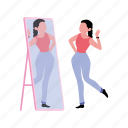 girl, looking, mirror, talking, herself