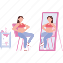 girl, watching, belly, mirror, sitting