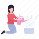 girl, watering, plants, environment, care
