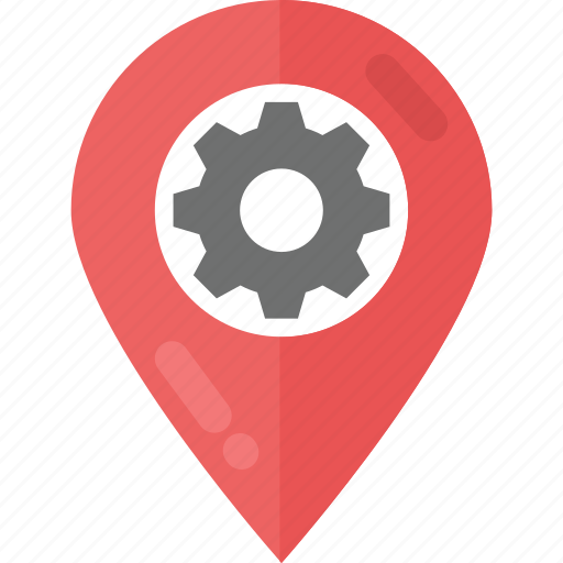 Gear factory marker, gear inside locator, gps settings, industry map marker, service location icon - Download on Iconfinder