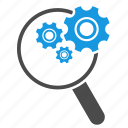 magnifying glass, configuration, gears, search engine, search optimization, settings, seo