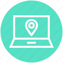 laptop, location, map pin, navigation, notebook, shop location, shopping