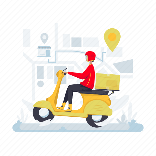 Delivery, sending, package, order, scooter, route, destination illustration - Download on Iconfinder