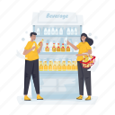 showcase, beverage, buy, customer, drink, store, shopping cart, shop, grocery 