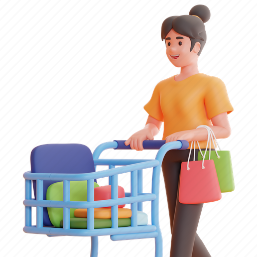 Shopping, grocery shopping, cart, ecommerce, shop, market, woman 3D illustration - Download on Iconfinder